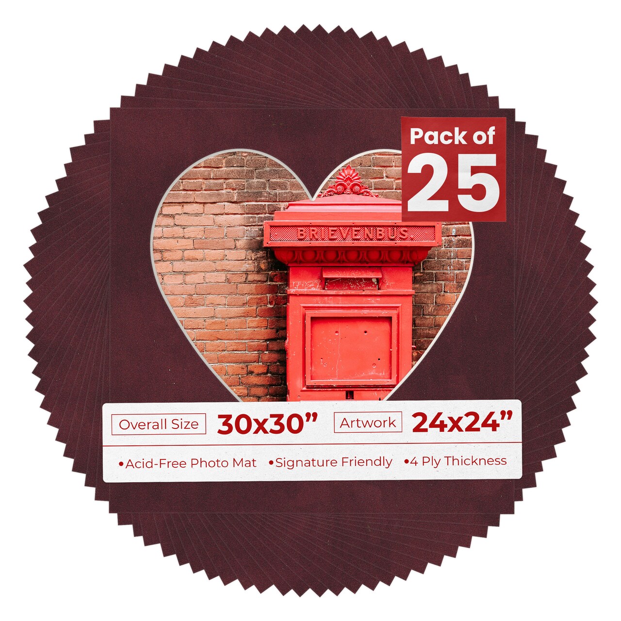 Dark Red Suede Mat Board for 30x30 Frames - Heart Opening for 24x24 Photos